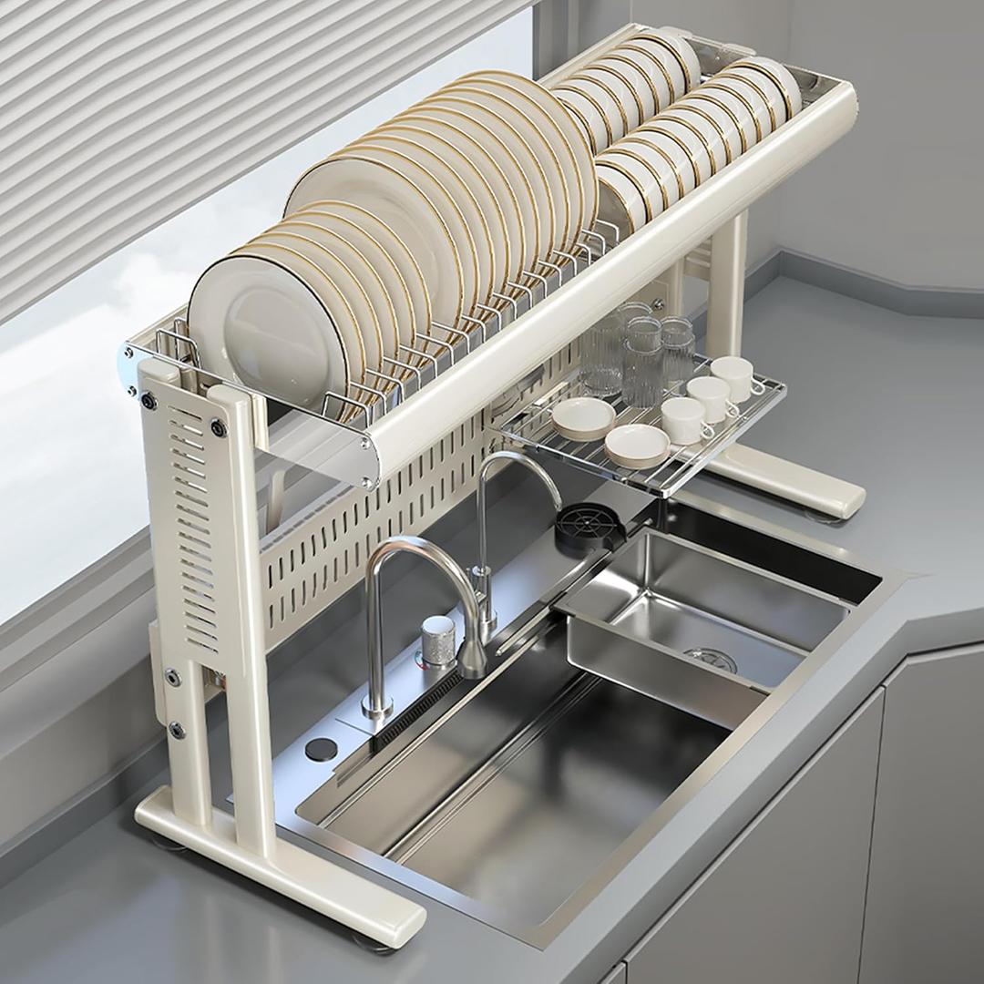 Large Over The Sink Dish Drainer Drying Rack2 Tier Large Capacity Stainless Steel Dish Drying Rack Over Sink, Multifunctional Kitchen Organizers and Storage Dish Rack (White, Single Layer)