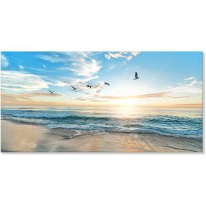 Goldfoilart Ocean Beach Sunset Canvas Wall Art for Bedroom Seagull Seascape Paintings Coastal Picture Framed Artwork for Bathroom Living Room Office Decor 20" x 40"