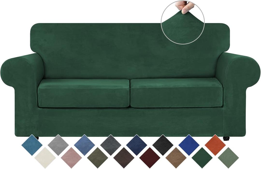 WEERRW Velvet Couch Covers for 2 Cushion Couch Sofa - High Stretch Velvet Plush 3 Pieces Sofa Slipcovers with Elastic Bottom, Furniture Protector for Pets, Machine Washable, Emerald Green, Medium