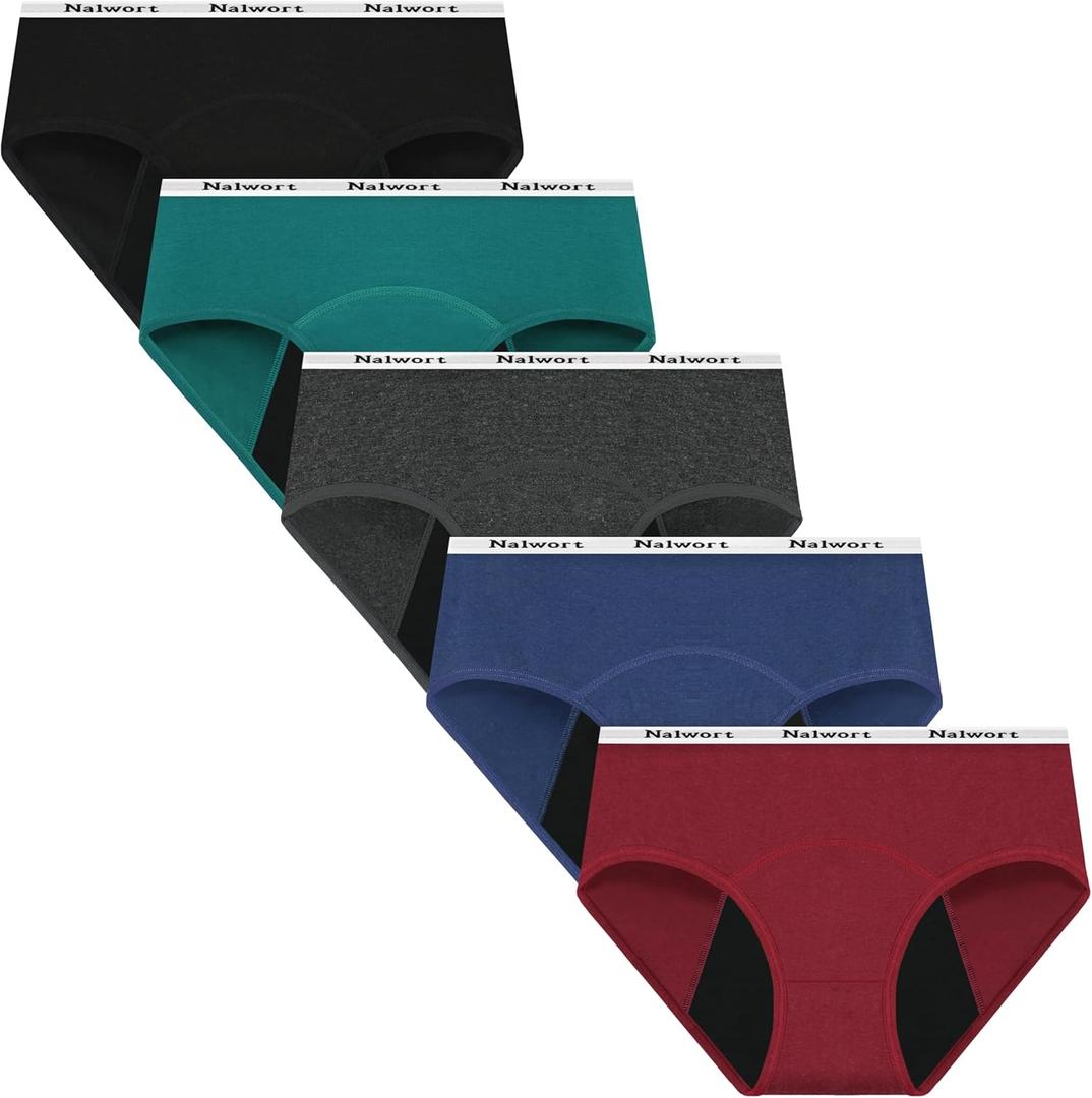 Nalwort Womens Period Underwear Menstrual Period Panties Postpartum Cotton Panties 5 Pack (Medium, Color-01)