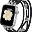 Beaded Bracelet Compatible with Apple Watch Band 38mm 40mm 41mm 42mm (S10) Women, Boho Braided Solo Loop Nylon Strap Dressy Band Cute Fancy Charms Replacement for iWatch Series 10/9/8/SE/7/6/5/4/3 S (A1 Black)