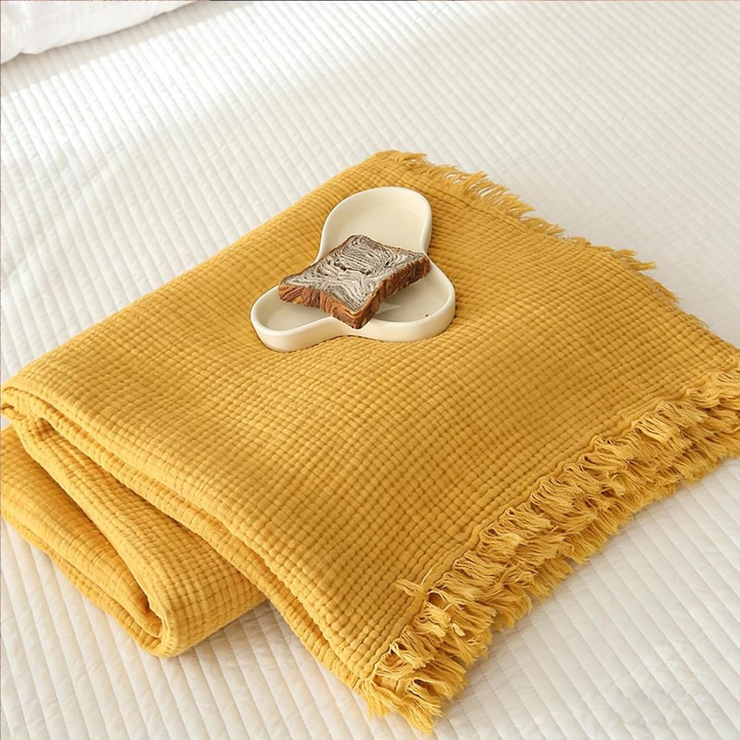 MorroMorn 100% Cotton Muslin Throw Blanket with Fringes 50"x60", 4-Layer Gauze Blankets for Adults, Boho Bedding Breathable Lightweight Ultra-Soft Farmhouse Decor for Couch Bed All Seasons, Yellow