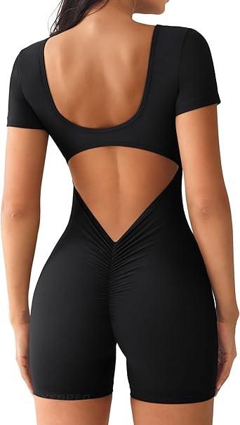 Women Short Jumpsuit Backless Scrunch Butt Workout Rompers V Back Yoga One Piece Unitards Sleeveless Gym Bodycon, Small 