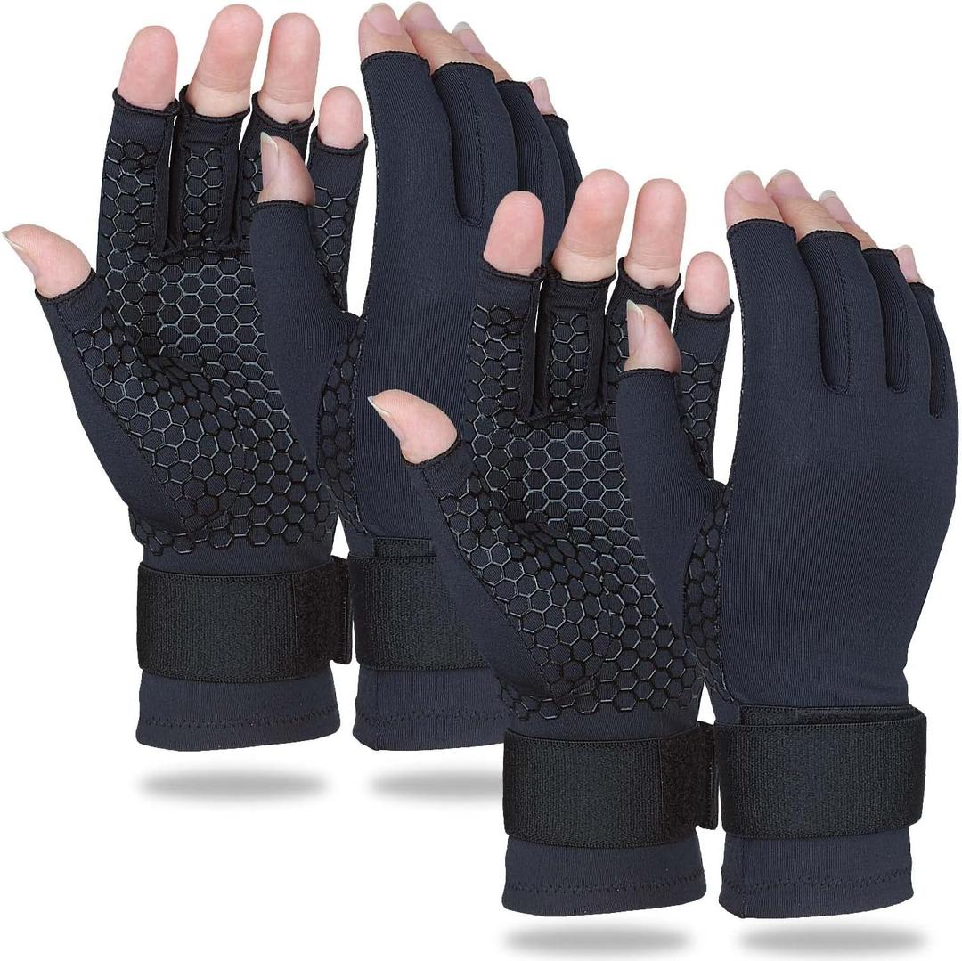 2 Pairs Copper Arthritis Gloves for Women Men, Compression Gloves with Adjust Strap for Arthritis, Wrist Support, Hand Pain, Fingerless Computer Typing Gloves for Carpal Tunnel, RSI (Small/Medium) (Black)