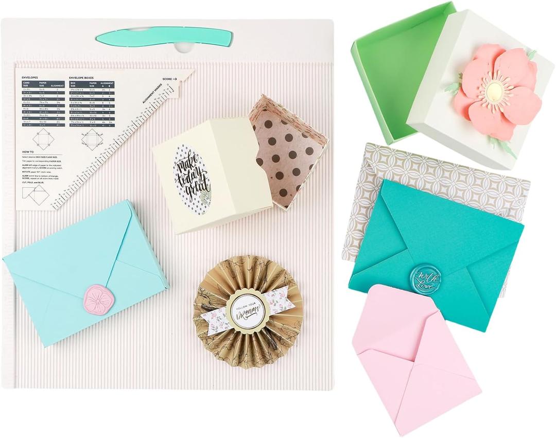 12x12" Scoring Board for Envelopes, Gift Boxes & Paper Crafts - Multi-Purpose Scoreboard with Bone Folder & Triangular Guide - Envelope Maker Paper Folding Tool for Card Making, Scrapbooking Supplies