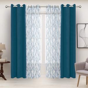 BONZER Mix and Match Curtains - 2 Pieces Branch Print Sheer Curtains and 2 Pieces Blackout Curtains for Bedroom Living Room Grommet Window Drapes, 37x84 Inch/Panel, Teal, Set of 4 Panels