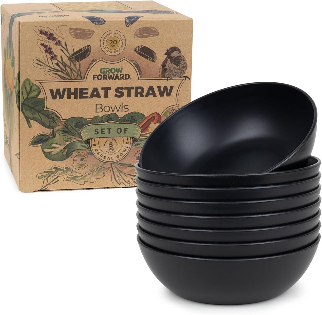 Grow Forward Premium Wheat Straw Bowls Set of 8 - Reusable 20oz Hard Plastic Cereal Bowls - Unbreakable Microwave Safe Bowls for Kitchen, Camping, RV, Dessert, Soup, Salad, Ramen, Eating - Midnight