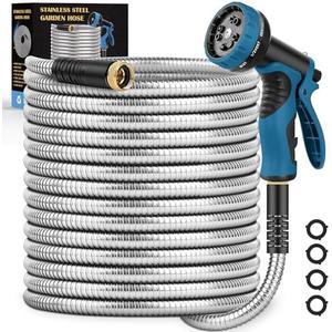 Garden Hose 100FT, Water Hose with 10 Function Nozzle, Garden Hose Metal with Leak-proof Connectors, Kink-Free & Ultra Flexible, Rust/Pet/Puncture Proof for Lawn, Yard, RV, Car Wash, 550PSI