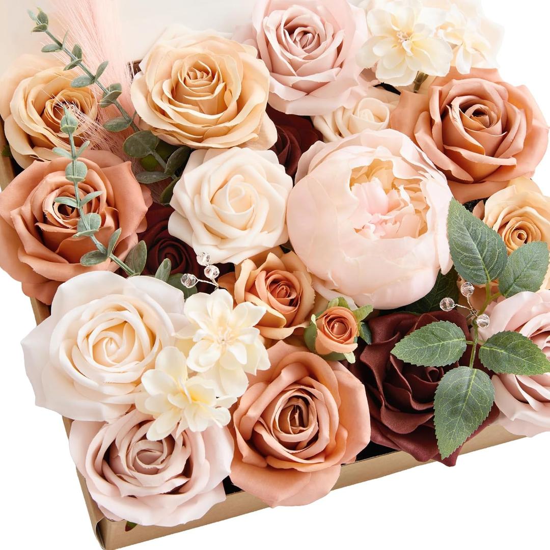 Ling's moment Fake Flowers Box, Faux Artificial Greenery Stems Foam Roses Silk Peony Eucalyptus Fabic Flower for Centerpieces Bouquet Wedding Vase Floral Decorations, Rust & Orange, Grand Combo