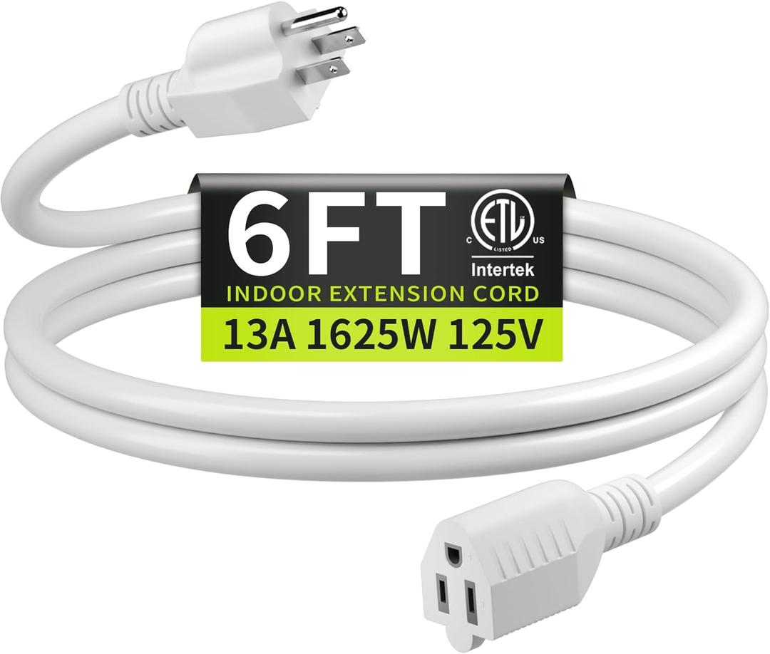 16/3 White Extension Cord 6 FT, Indoor Extension Cord for Laptops, Coffee Makers, Office Home Appliances, 3 Prong Resistant Cable Flexible, 13A 125V 1625W ETL Listed