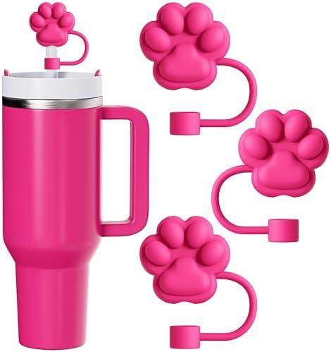 3Pcs Cute Straw Toppers for Stanley Cups - Cat Paw Straw Cover Cap for Stanley Cup Accessories, Reusable Rose Red Silicone Covers Compatible with 30&40 Oz Tumbler 2 PACK