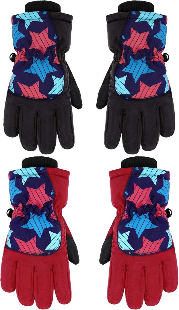 Hicarer 2 Pairs Kids Waterproof Winter Gloves Snow Gloves for Boys Girls Child Toddler Warm Ski Gloves for Cold Weather (8 - 14 Years, Black and Red)