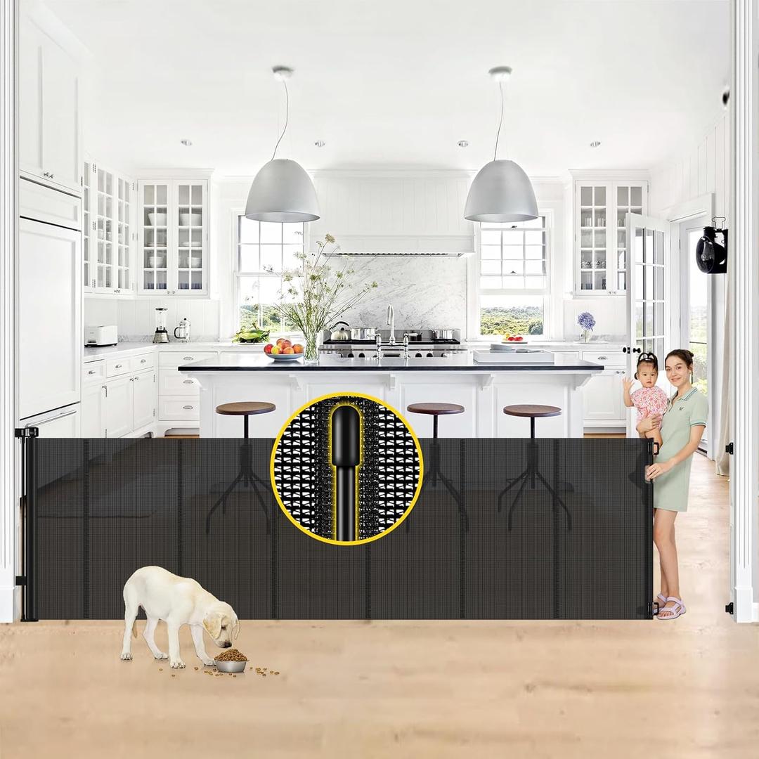 Reinforced 42 Tall x 130 Extra Wide Retractable Baby Gates Extra Tall Pet Gate for Wide Openings Long Dog gate with Rods to Prevent Crawling Through, Dog Gates for Doorways Indoor Outdoor, Black