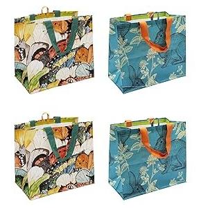 Earthwise Reusable Grocery Shopping Bags Extremely Durable Multi Use Large Stylish Fun Foldable Water-Resistant Totes, (Designs May Vary) 4 Packs