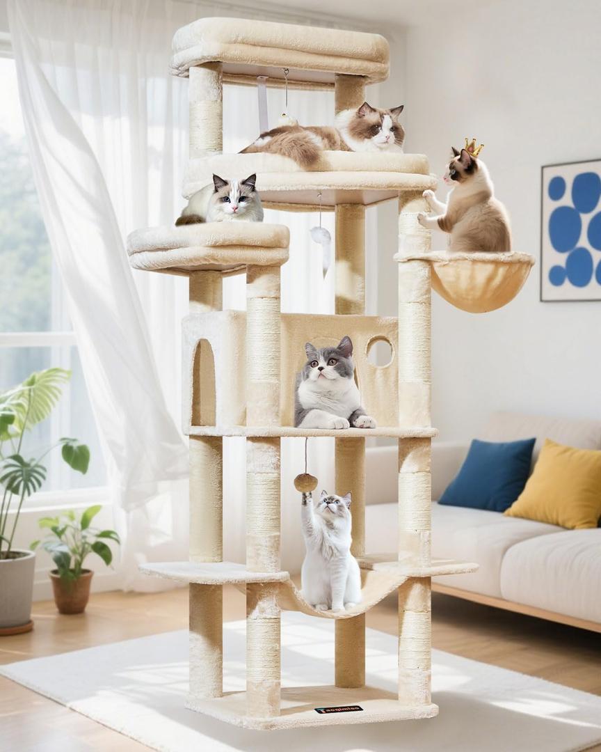 Taoqimiao 71 Inches Cat Tree for Large Cats 20lbs+, 3 Giant Perches, Multi-Level Cat Tree Tower, Widened Cat Condo with 9 Scratching Posts, Luxurious Hammcock & Basket, Beige, MS034M