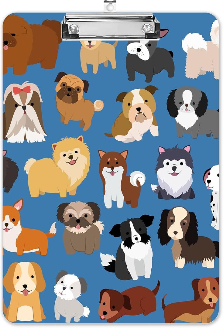 Fashion A4 Clipboard, Standard Letter Size 9" x 12.5", Decorative Wooden Clipboard with Low Profile Metal Clip for Office, School, Teachers, Cute Dogs