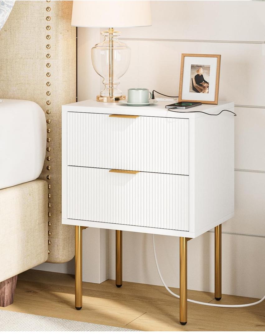 Masupu Nightstand with Charging Station,Mid-Century Modern Bedside Table with 2 Storage Drawer,Small Gold Frame Side End Table for Bedroom,Living Room (White)