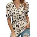 Romanstii Women Casual V-Neck T-Shirts Loose Puff Short Sleeve Tops Tunic Blouses  L