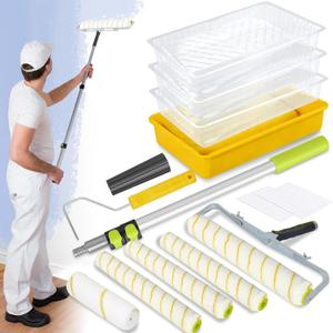 18 Inch Paint Roller Kit, 14 Pack Paint Roller Set with 2-4 Ft Extension Pole, Paint Tray Liners with Plastic Sheeting for Painting Walls Ceilings House Corner Stain (White and Yellow)