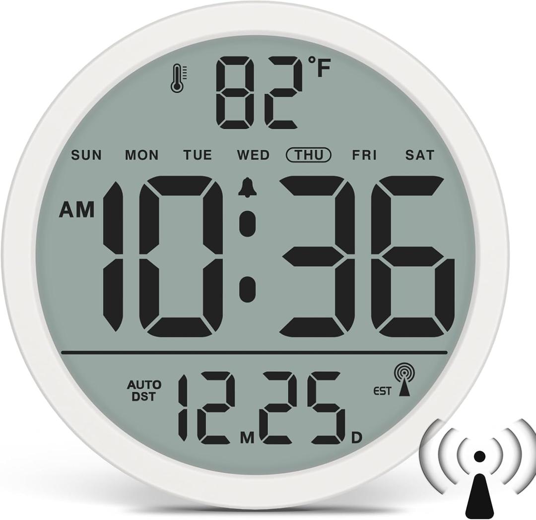 WallarGe Atomic Wall Clock - Never Needs Setting, Digital Wall Clock Battery Operated with Date, Temp, DST, Self-Setting Time, Easy to Read 8 Inch Display for Bedroom, Living Room, Home, Office