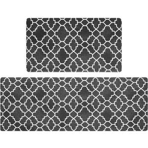 FRESHMINT Kitchen Mat Set of 2, Anti-Fatigue Cushioned Kitchen Mats for Floor, Waterproof Non Slip Comfort Standing Mat, Boho Kitchen Rug for Kitchen Decor, Sink, Office, 17"x30"+17"x47", Black