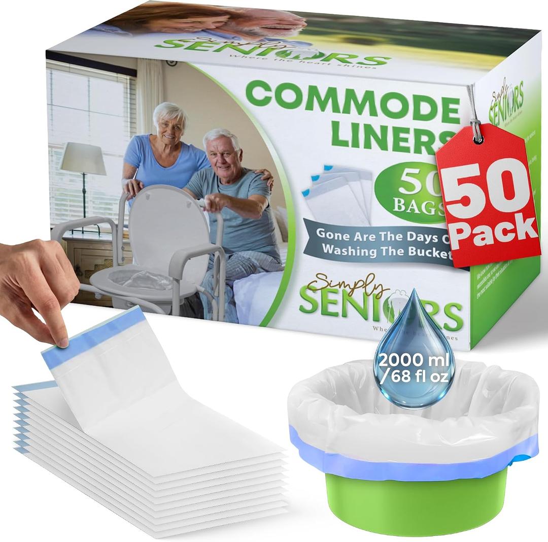 Commode Liners - 50 Strong Portable Toilet Bags - Easy to Use Bedside Commode Liners Disposable - Toilet Liners that Support Dignity of Seniors & Disabled - No More Buckets to Wash - NO Absorbent Pad