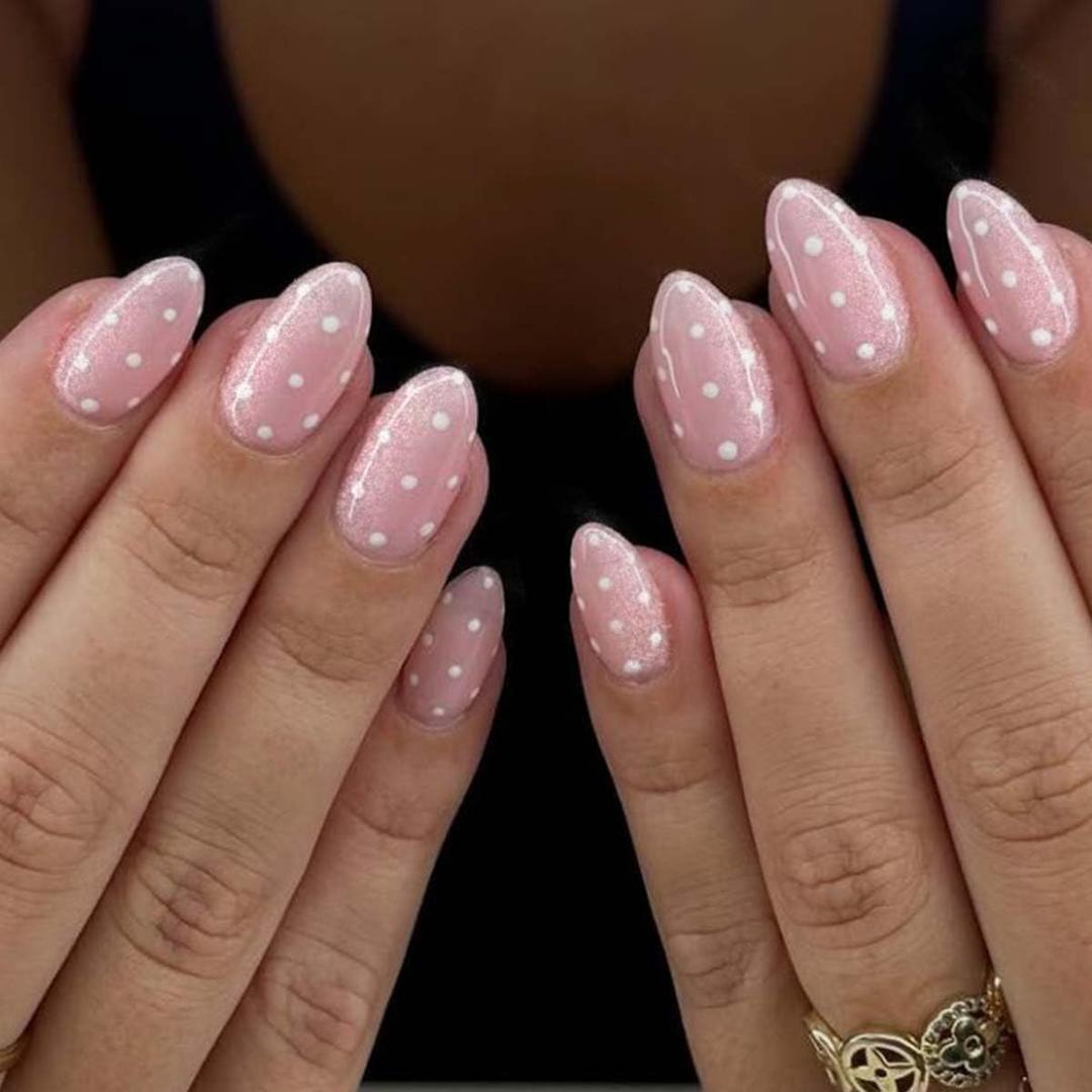 Polka Dot Press on Nails Short Almond Fake Nails Soft Pink Nails Press ons with White Polka Dots Design,Glossy Finish | Reusable | Artificial | Nail Sticky Tabs | Easy Apply | 24Pcs