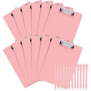 Fulmoon 12 Sets Pink Plastic Clipboards Include 12 Pcs Black Ink Pink Pens Lightweight Standard A4 Letter Size Clip Board with Pen Holder Low Profile for Nurses Week Teacher Doctor Office 12 x 8.58