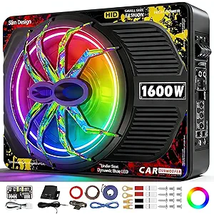 1600W Slim Underseat Car Subwoofer and Amp Package with RGB Beat-Synced Light, Built-in Class D Amplifier, Low Pass/Gain/Bass Boost Control, Cast Aluminum, Deep Bass for Truck SUV Jeep
