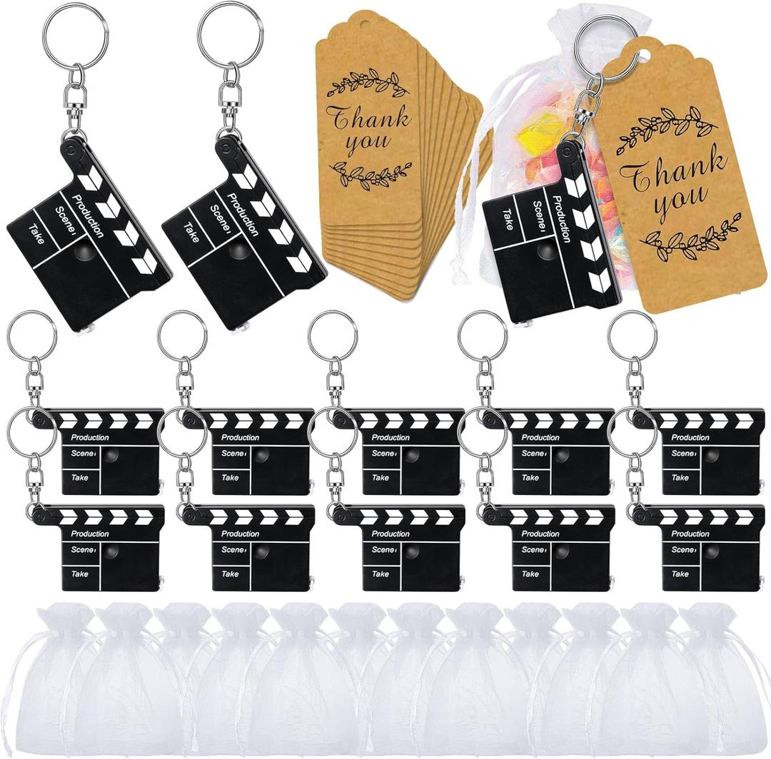 12 Sets Movie Night Party Favors Director Clapboard Tape Measure Keychain Thank You Tag Organza Gift Bag for Movie Theatre Party Supplies Wedding Birthday Film Cast Decor