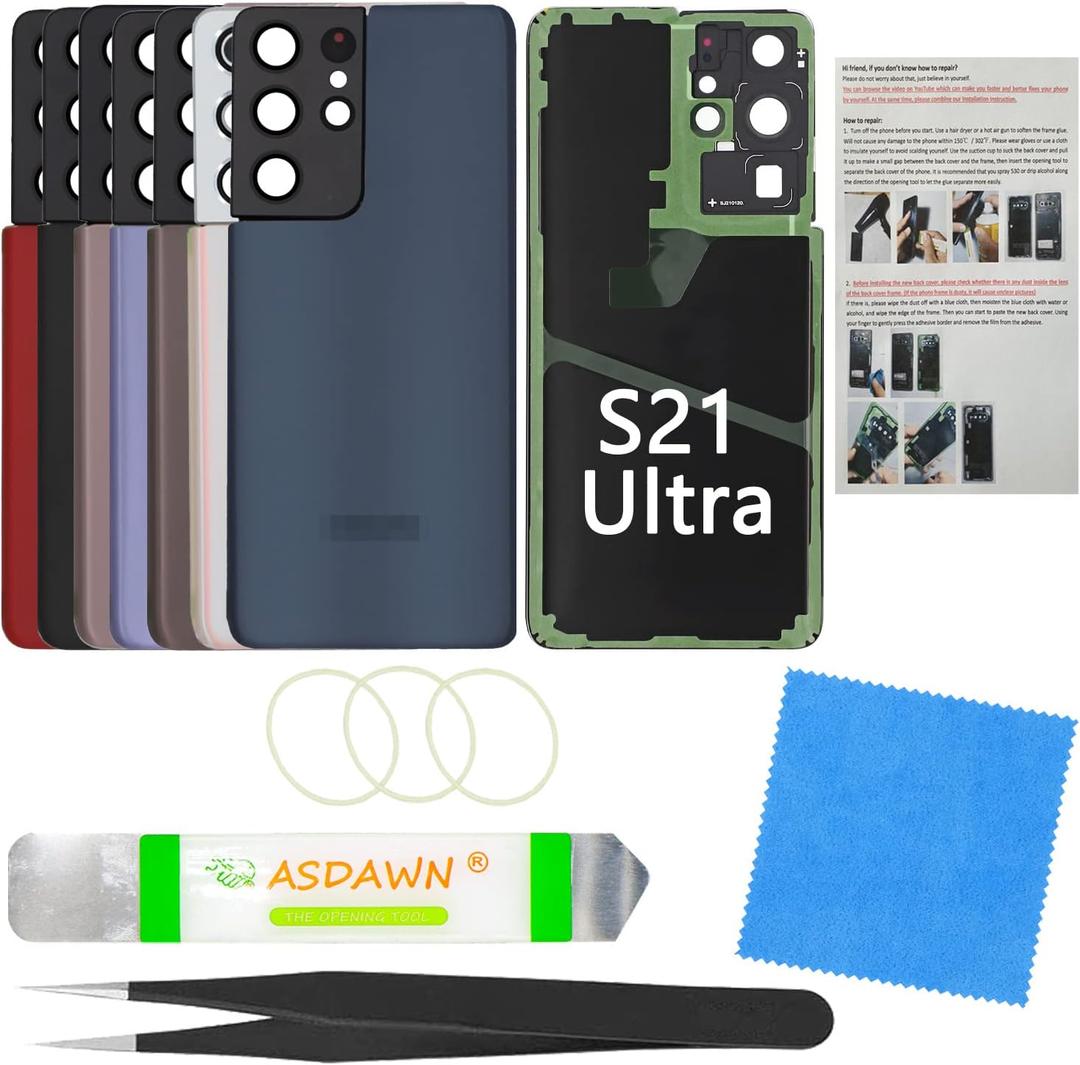 Galaxy S21 Ultra Replacement Back Glass Cover with Pre-Installed Camera Lens + Repair Tool Kit for Samsung Galaxy S21 Ultra 5G SM-G998 All Carriers (Phantom Navy)