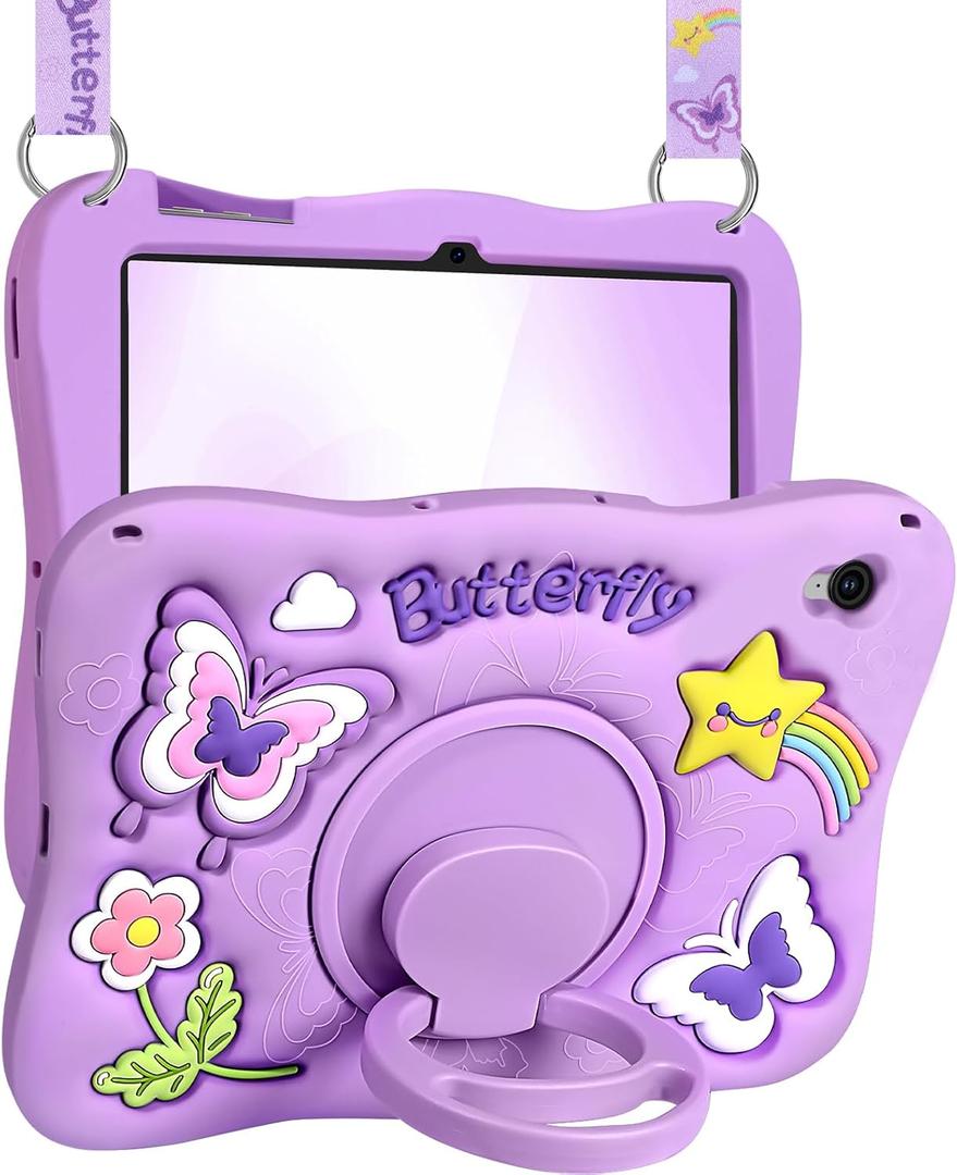 Kidcube for Galaxy Tab S10 FE Case, for Samsung Galaxy Tab S9 FE Case 10.9" - Girls Cute Kawaii Girly 3D Purple Butterfly Design Cover with Rotating Stand & Strap Unique Silicone Women Tablet Covers