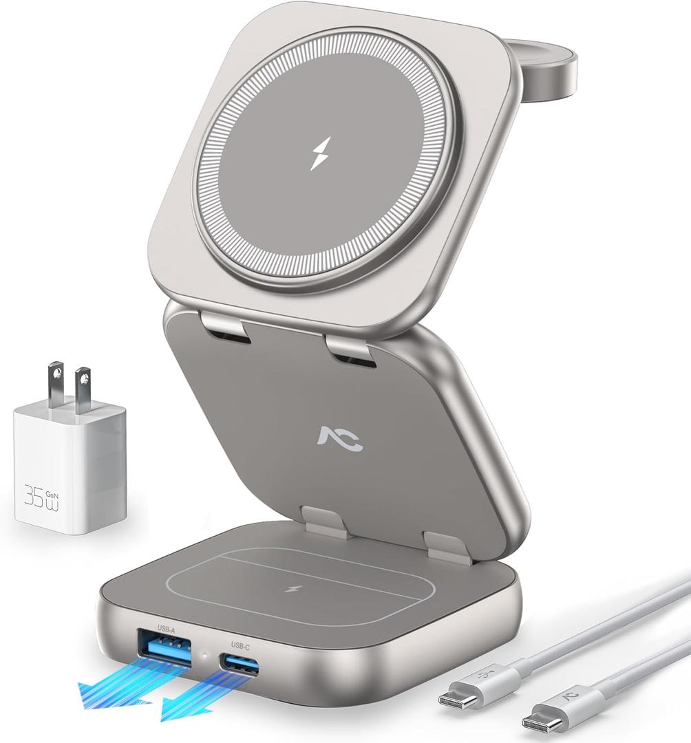 5-in-1 Wireless Charger for MagSafe, AC ISLAND Portable Travel Charging Station, 35W Max Fast Foldable Magnetic Stand, Evolved for iPhone 17-12 & Air Series, Apple Watch, AirPods (with 35W Adapter) (Titanium)