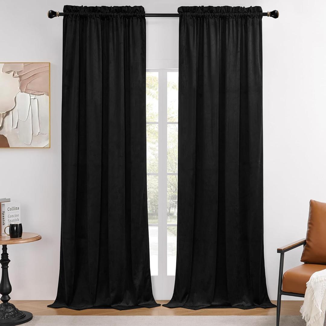 Timeper Black Velvet Curtains 108 inches 2 Panels, Dual Rod Pocket Blackout Curtains for Bedroom Living Room Thermal Insulated Luxury Super Soft Window Drapes,W52 x L108 inches (52"W x 108"L (Pack of 2), *Rod Pocket-black)