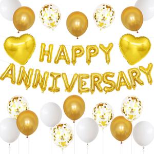 Anniversary Decorations White Gold, Happy Anniversary Foil Balloon Banner with Confetti, Latex, Foil Heart Balloons for Celebrations, Surprise Events, Romantic Night Weddings