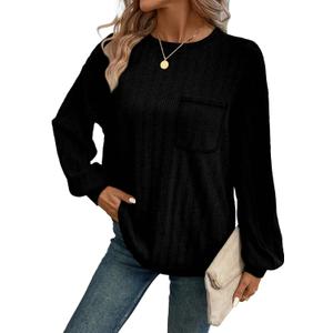Dokotoo Long Sleeve Shirts for Women 2025 Casual Solid Crewneck Knitted Loose Fit Pullover Shirts Tops (Black, L)