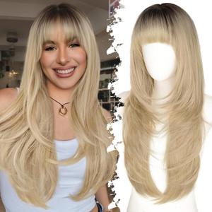 Long Blonde Wig with Bangs for Women- Dark Root to Blonde,4x4 Realistic Scalp, Free Parting, Layered Hairstyle Synthetic Heat Resistant for Daily Party Use 26 inch