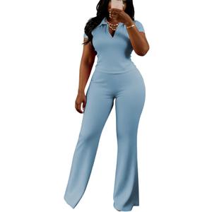 HBQ Women's 2 Piece Outfits Slim Fit V Neck Polo Top Flare Pants Short Sleeve Casual Matching Set-Blue-L
