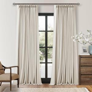 Pinch Pleat Extra Long 120 Inch Blackout Curtains for Living Room 2 Panels Set 100% Black Out Flax Burlap Natural Beige Cream White Pleated Drapes Room Darkening Luxury High Ceiling Windows Curtain