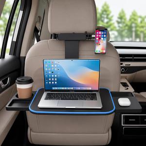Large Car Tray Table for Back Seat, Foldable Car Desk for Laptop with Adjustable Height, Hidden Cup Holder & Phone Holder, Heavy Duty Travel Food Tray for Eating Working Road Trips (Blue), ‎21.6 x 15.7 x 2.7 inches