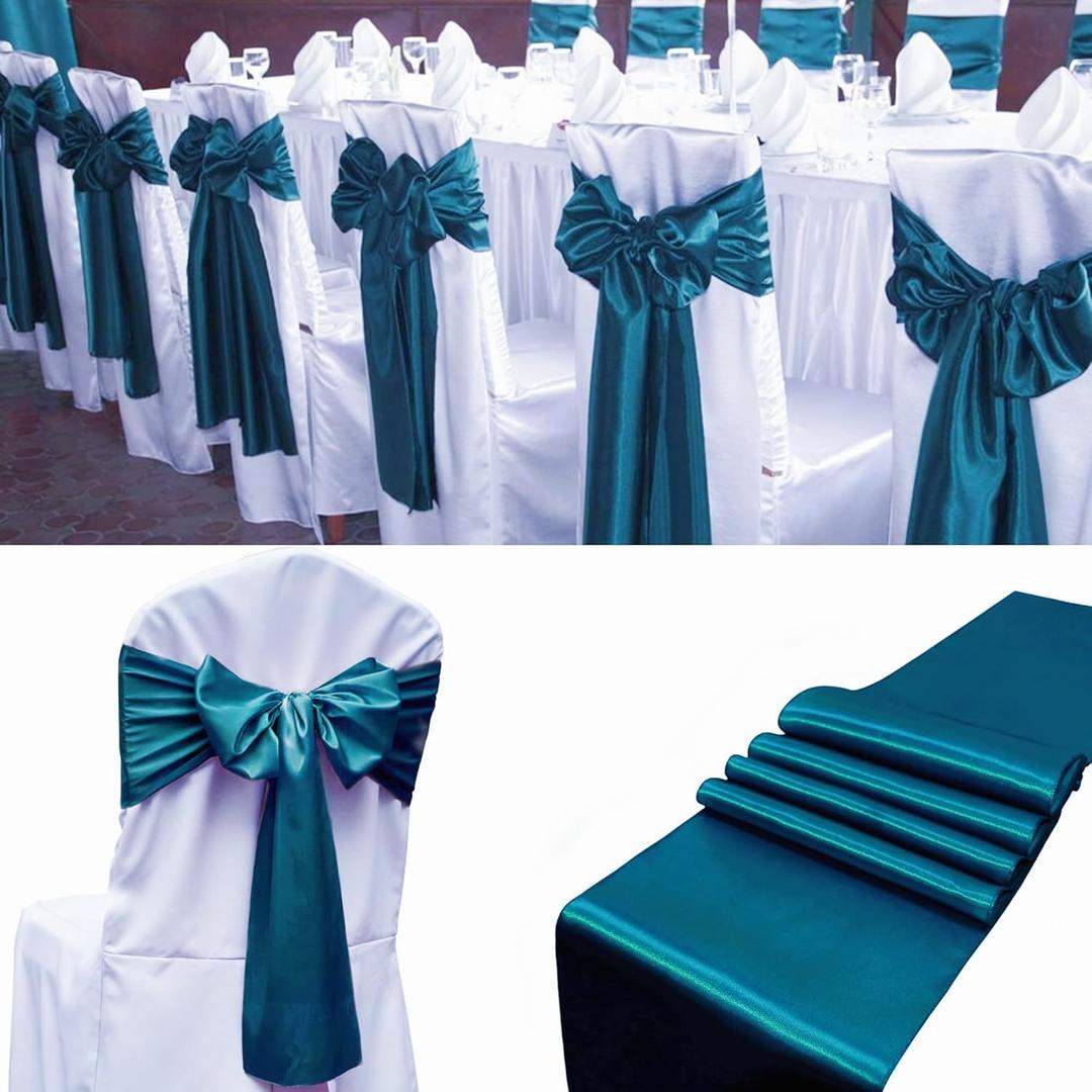 100 PCS Satin Chair Sashes Decorative Bow Chair Sashes Ties Seat Cover Ribbon Bow Chairs Cover Band for Wedding Birthday Party Ceremony Reception Banquet Event Home Kitchen Decor(7 x108inch,Turquoise)