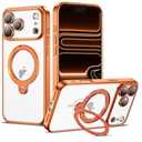 AmoraAqua Compatible with iPhone 17 Pro Max Case with 360° Spin Magnetic Ring Stand [Compatible with Mag-Safe] Camera Lens Protector Plating Clear Phone Case for iPhone 17 Pro Max 6.9", Orange