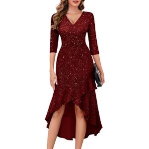 BeryLove Cocktail Summer Prom Dress for Women Evening Sequin Glitter 3/4 Sleeve Party Ruffle Elegant High Low Sparkly Gowns 7065 Burgundy L