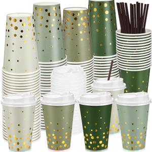 Jingmore 100 Set 12oz Green Gold Dot Paper Cup Sparkly Gold Foil Disposable Cups with Lids and Straws Green Gradient Cup for Hot Cold Coffee Juice for Wedding Bride Shower Party Supplies