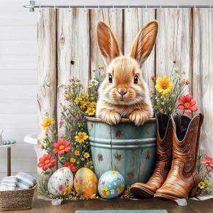 Easter Bunny Shower Curtain Farmhouse 72x72 Inch Funny Spring Cute Rabbits Eggs Western Boots Flower Floral Rustic Wooden Bath Curtain, Bath Decor Waterproof Fabric Bathtub Curtains 12 Hooks