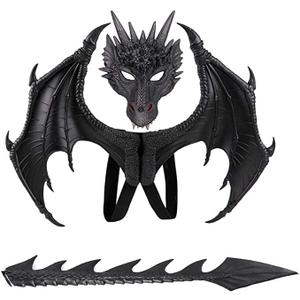Nirvany Kids Dragon Cosplay Costume - Wing Tail Mask Set for Boys & Girls - Halloween (Black Set)