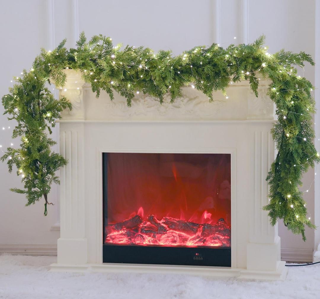 MISSPIN Christmas Garland with Lights, Real Touch Winter Pine Garland, Green Artificial Greenery Garland for Table, Mantle, Wall, Indoor, Outdoor Christmas Decorations (9FT)