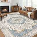 Area Rug for Living Room - 9x12 Soft Washable Oriental Vintage Floral Distressed Large Carpet - Fade Stain Resistant Non Slip Rugs for Bedroom Dining Room Nursery Dorm Office Home Decor - Blue/Beige