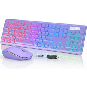 Wireless Keyboard and Mouse Combo, RGB Backlit, Rechargeable & Light Up Letters, Full-Size, Ergonomic Tilt Angle, Sleep Mode, 2.4GHz Quiet Keyboard Mouse for Mac, Windows, Laptop, PC, Trueque(Purple)
