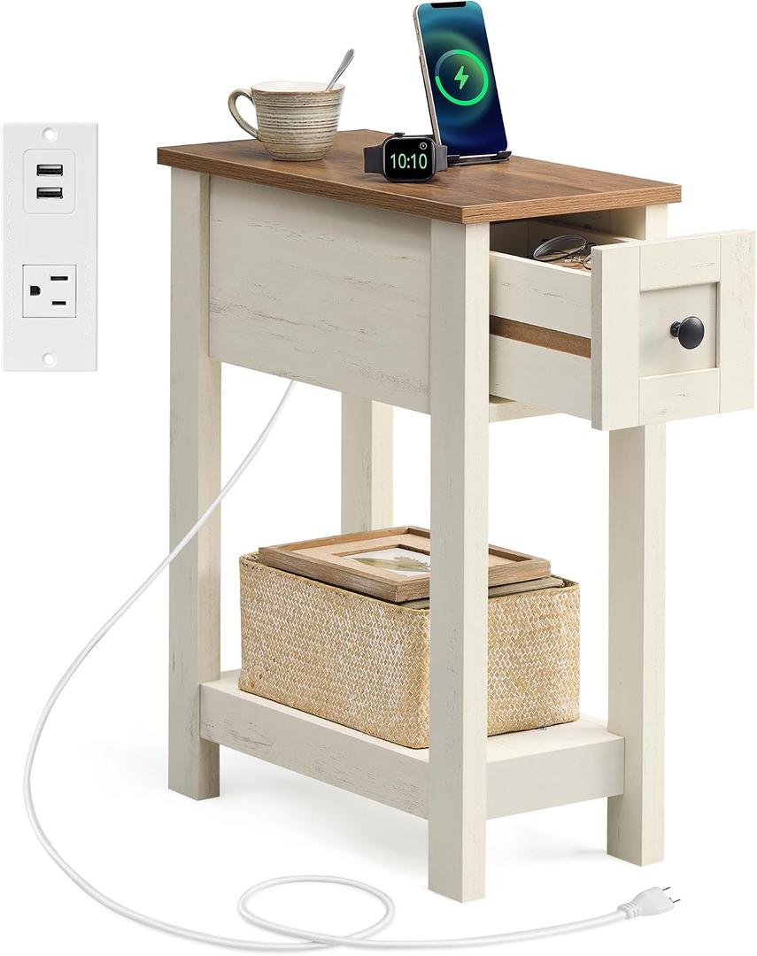 VASAGLE Farmhouse End Table with Storage Drawer, Narrow Side Table with Charging Station, Nightstand, Easy Assembly, for Living Room, Bedroom, Honey Brown and Rustic White ULET328W01